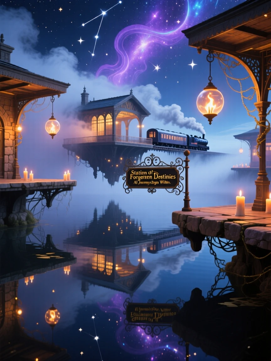 A train station with platforms suspended in mist hovers just above a mirror-still lake, and stars seem to nest between its stones.