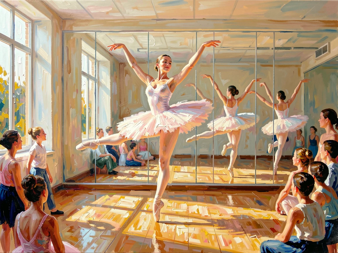 A ballet dancer leaps gracefully across a sunlit rehearsal studio, her reflection multiplied in the surrounding mirrored walls, the surrounding crowd adding energy and movement to the edges of the composition.