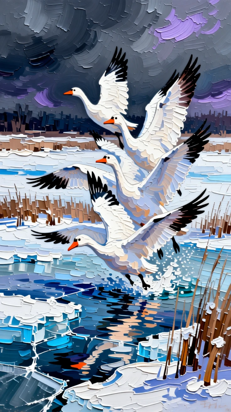 A flock of snow geese lifting off a frozen marsh in a thunderous wave
