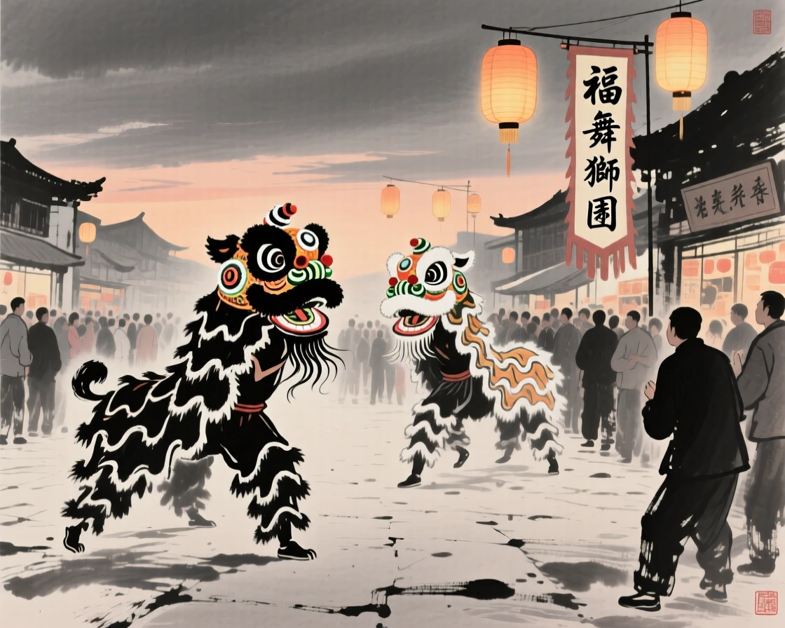 A lion dance troupe performs before a crowd gathered in a market square, as lanterns glow warmly against the evening sky.