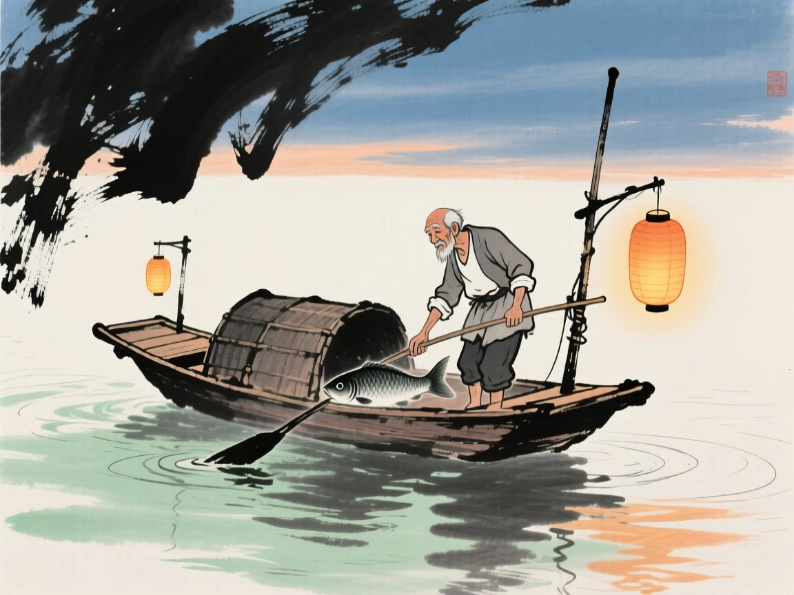 An elderly fisherman guiding his small boat home at dusk, as lanterns are lit for the evening.