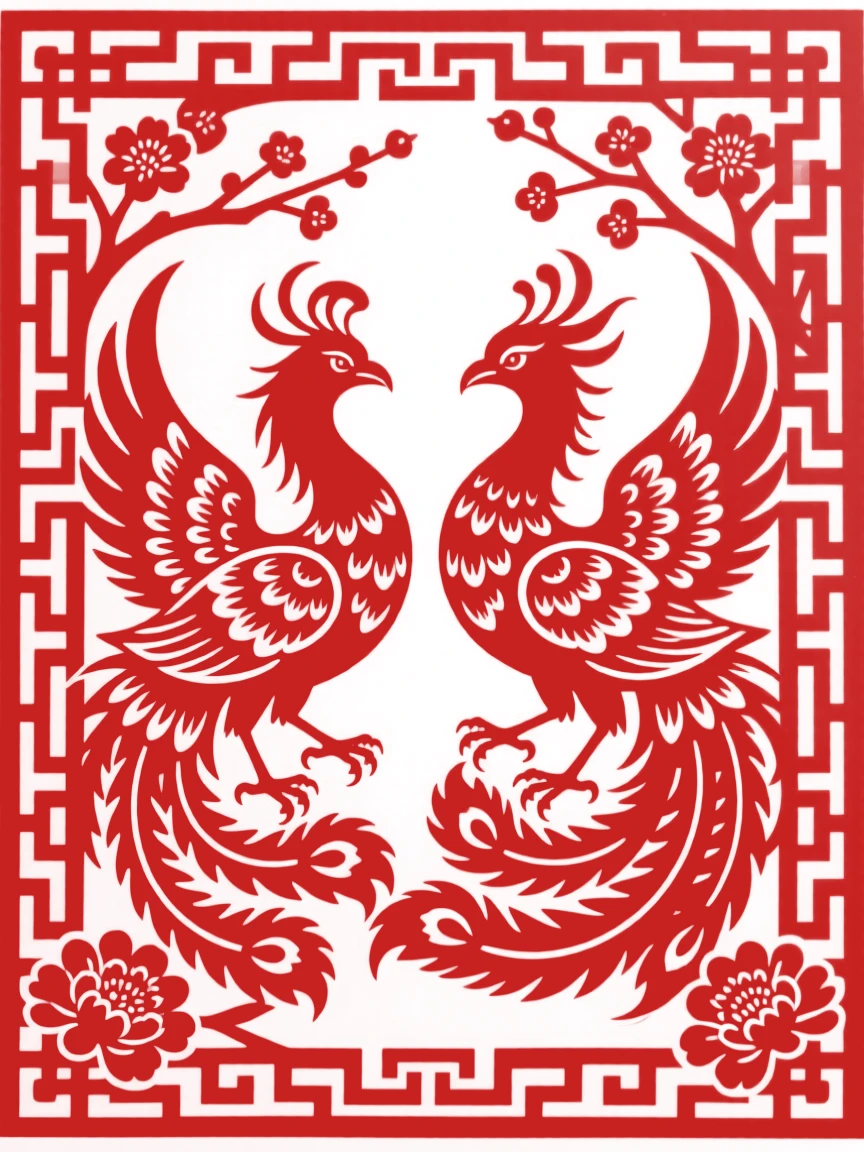 A pair of confronting phoenixes, framed by a symmetrical lattice of key-fret patterns, symbolizing wealth and enduring good fortune.