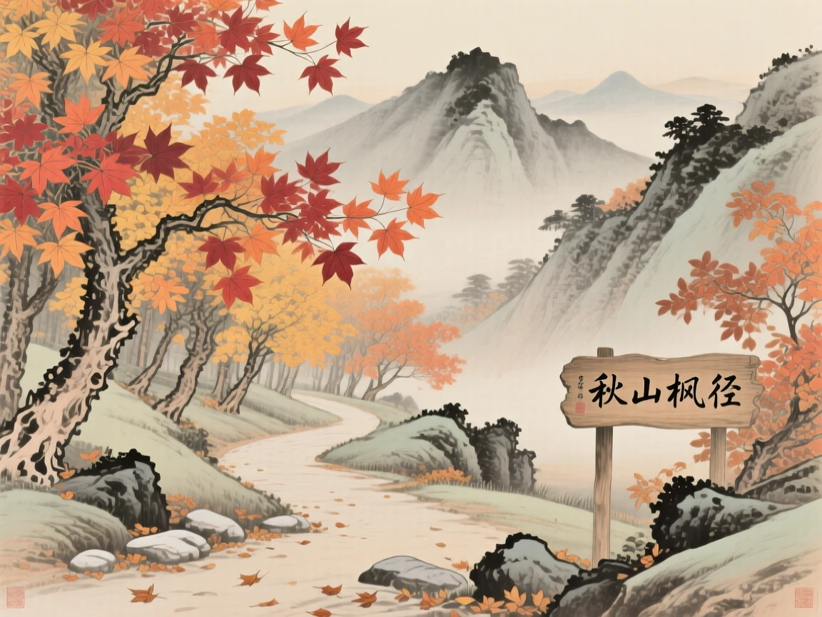Maple leaves swirling in the wind along a mountain path in autumn
