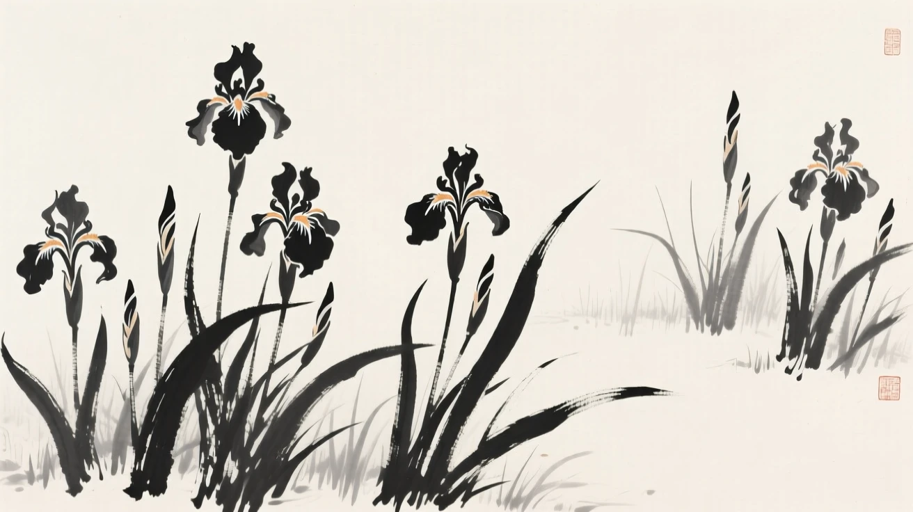 A field of wild irises against a soft, empty backdrop, framed asymmetrically for quiet visual balance, conveying gentle stillness and natural harmony.