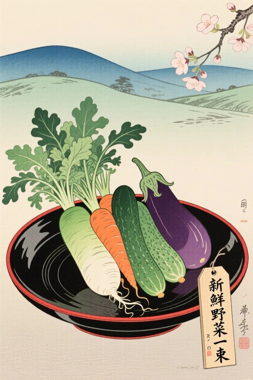 A bundle of fresh market vegetables displayed on a lacquered dish.