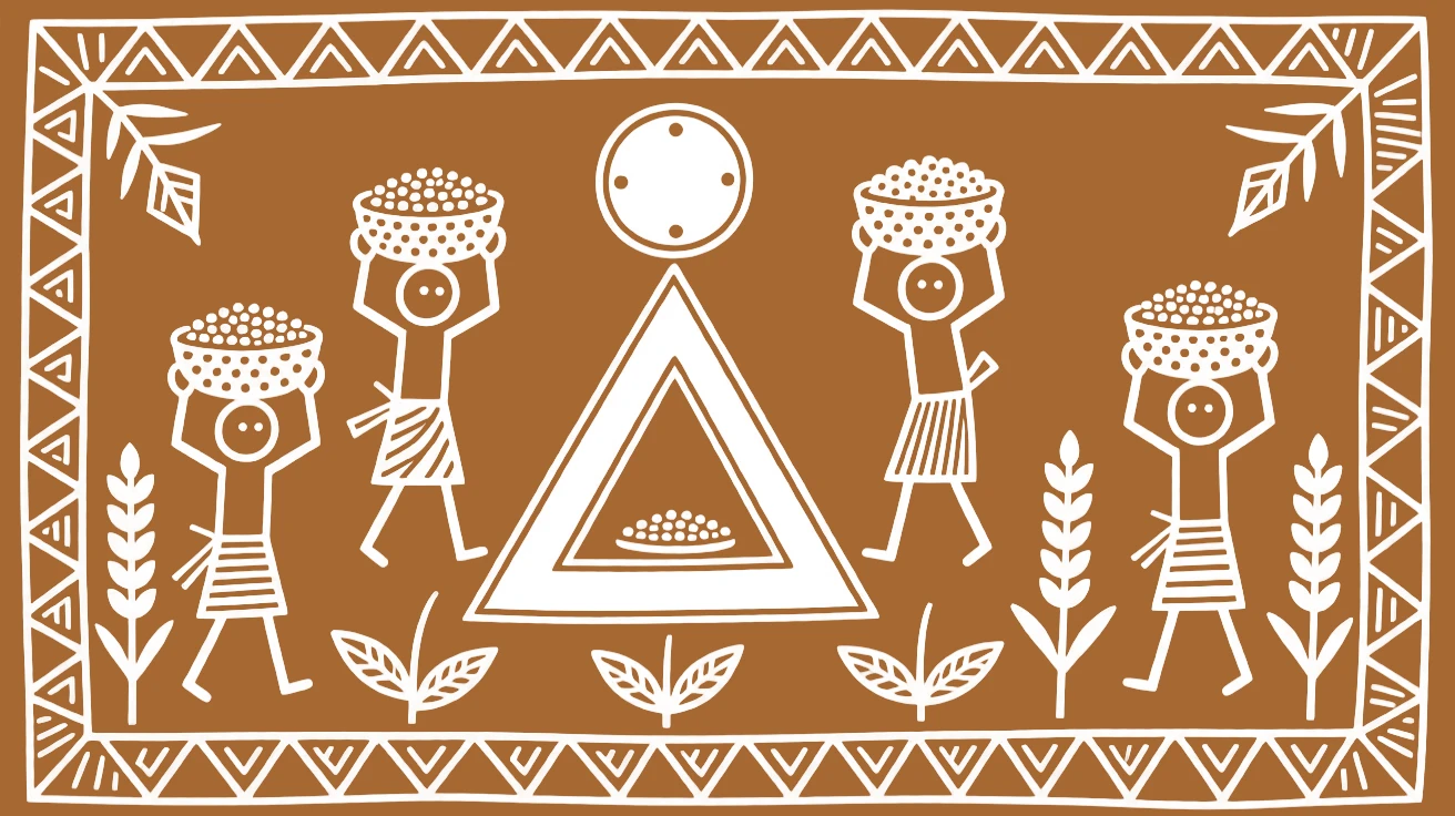 A composition centered on a harvest altar surrounded by farmers carrying baskets of grain.