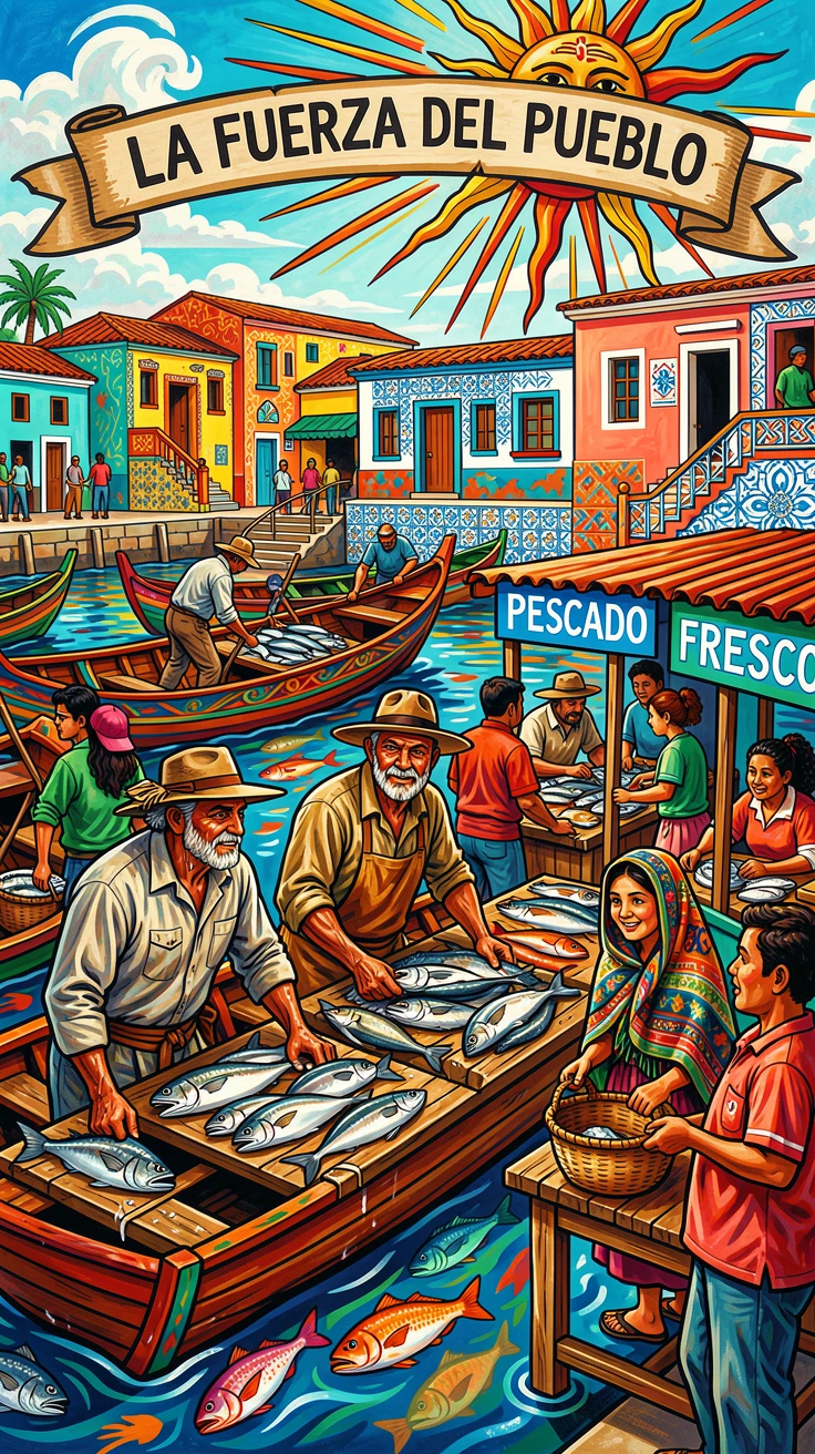 A busy fish market along a colorful harbor front