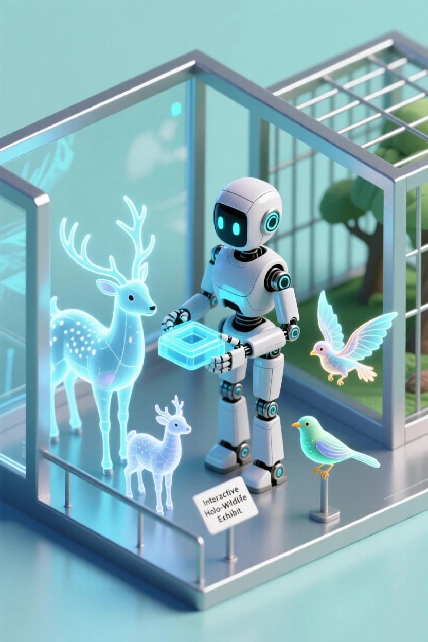A robotic zoo caretaker feeding holographic creatures in an interactive futuristic wildlife exhibit.