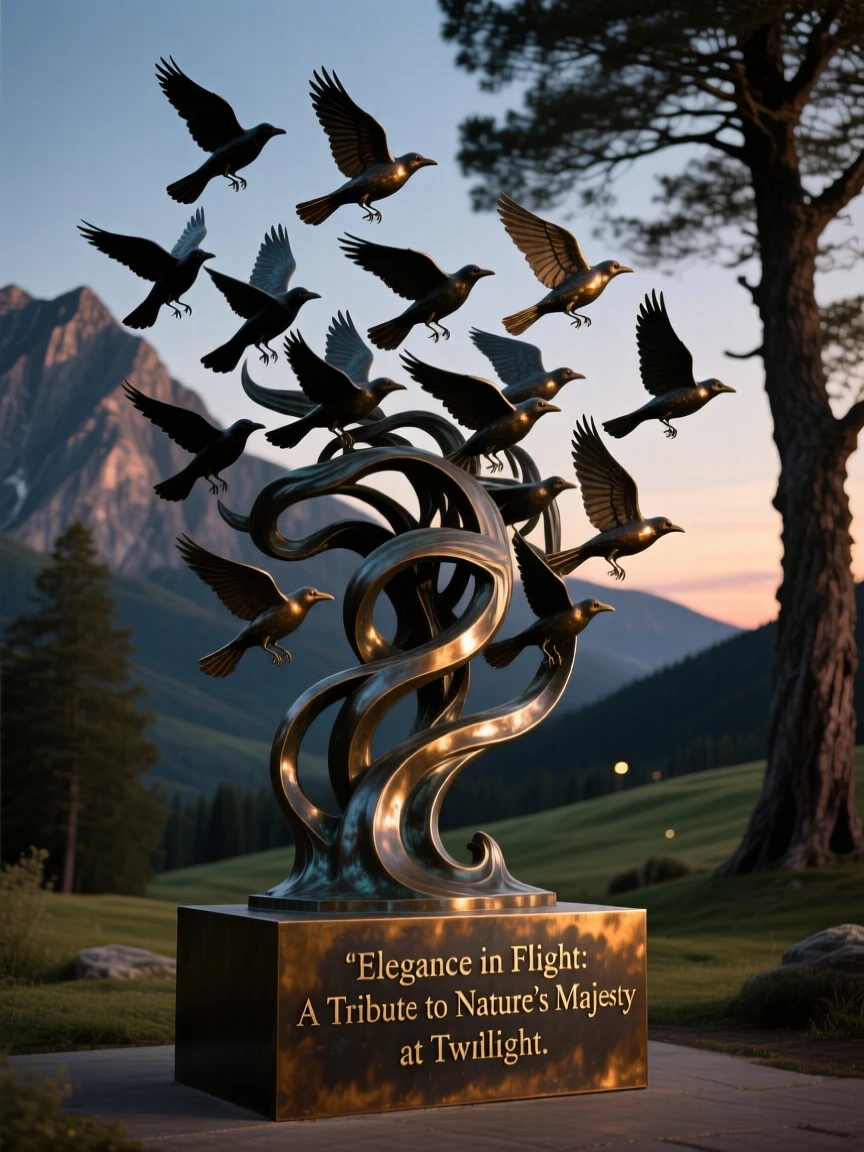 A flock of starlings forming shapes in a twilight sky, framed by dramatic natural scenery, evoking wonder and majesty