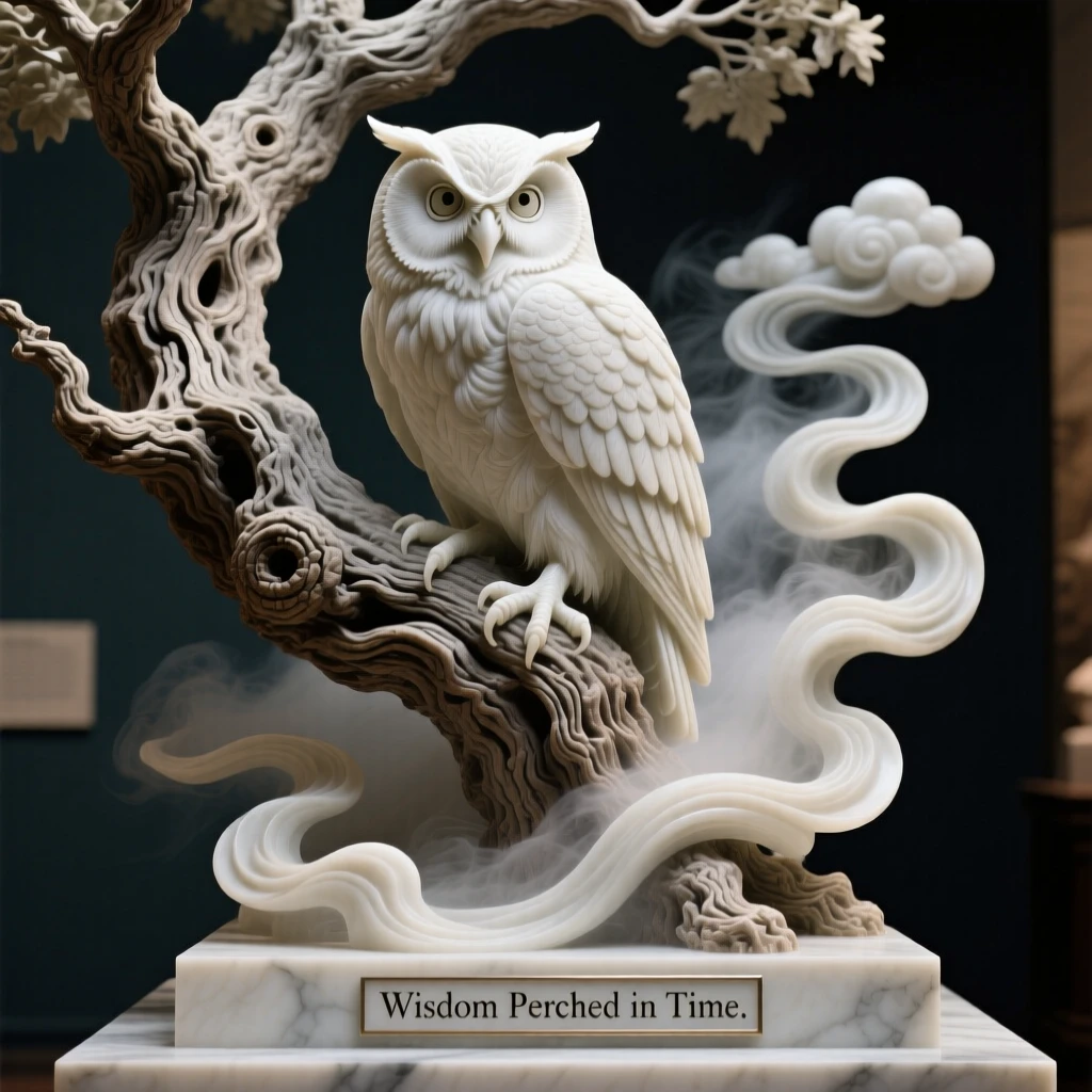 A vivid, emotionally rich scene of a wise old owl perched in an ancient oak, amid swirling clouds and mist, designed to captivate and inspire