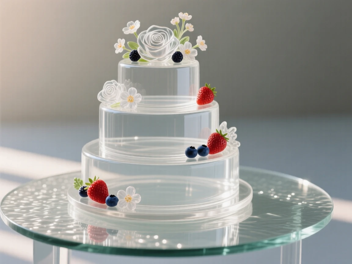 A tiered cake decorated with fresh flowers and berries while sunlight catches the surface of the table