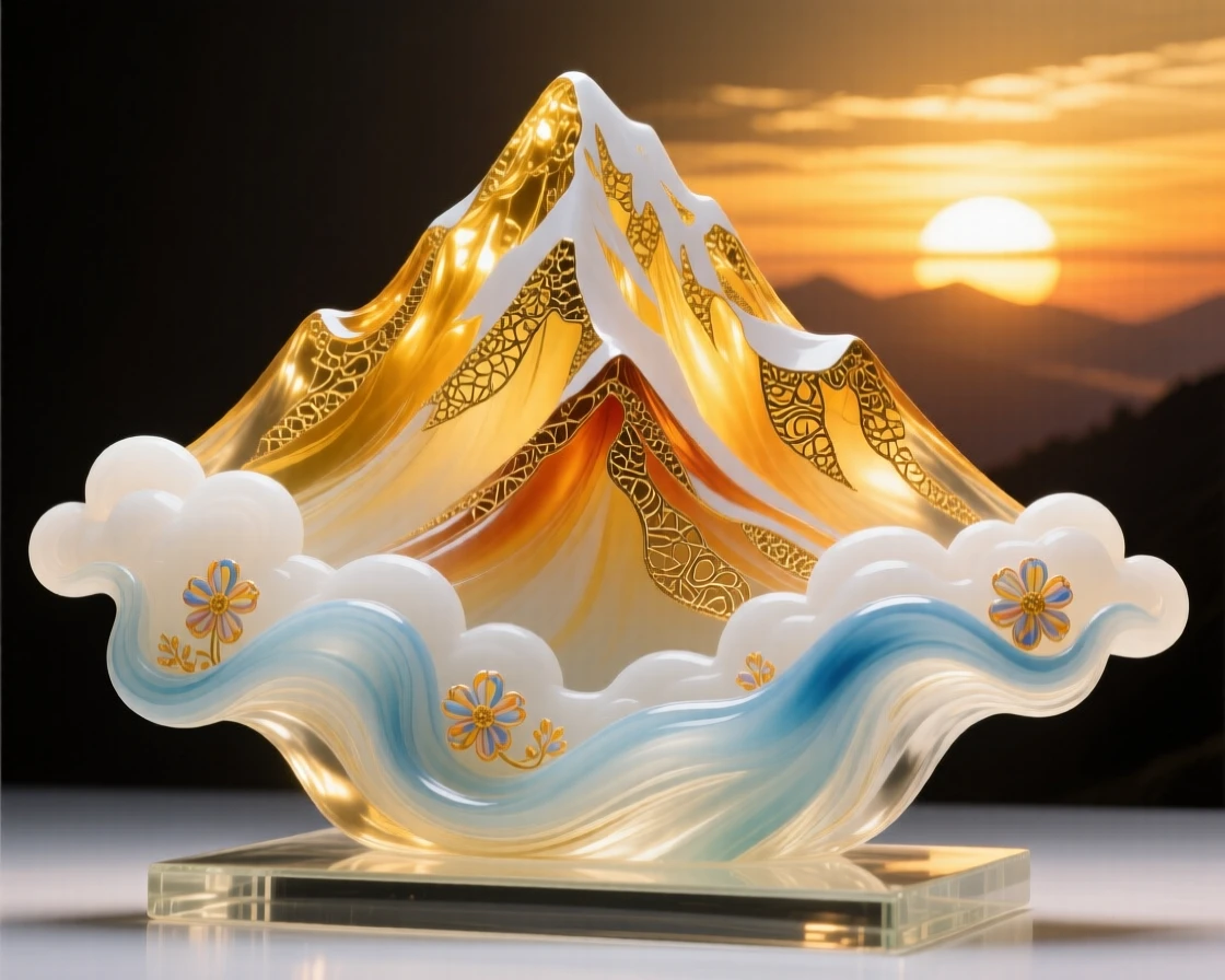A grand mountain summit glowing gold at sunrise with clouds rolling gently below, triumphant and vast.