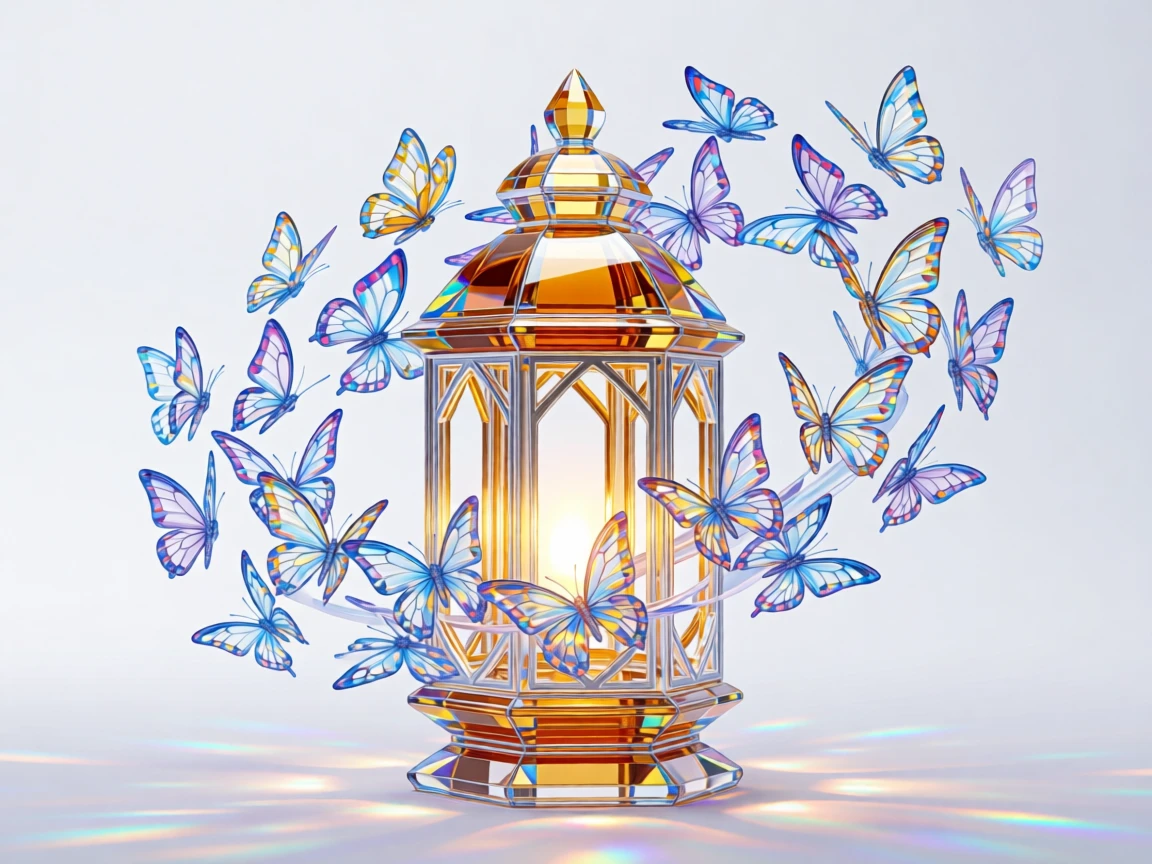 A dreamlike lantern releasing a swirl of glowing butterflies into the night.