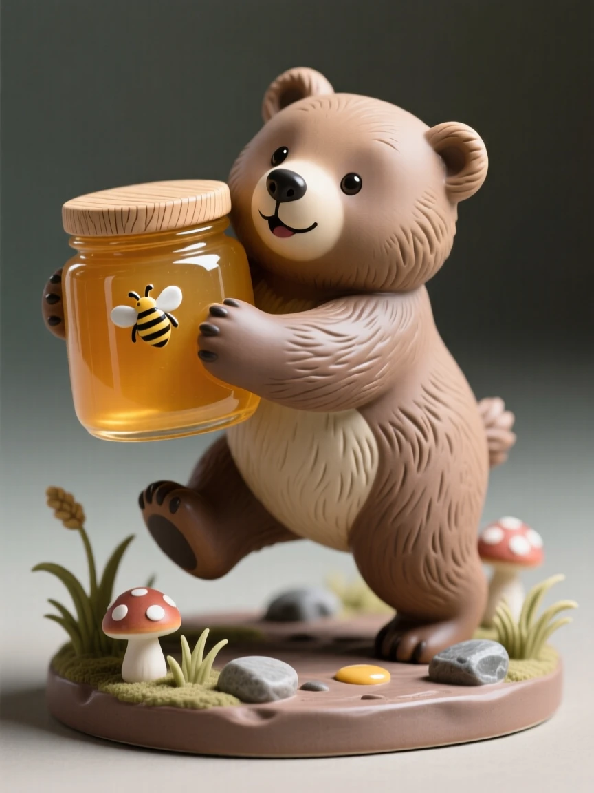 A bear cub hugging a jar of honey posed mid-adventure with playful energy, set within a cozy, detailed miniature world, capturing the magic of imaginative make-believe.