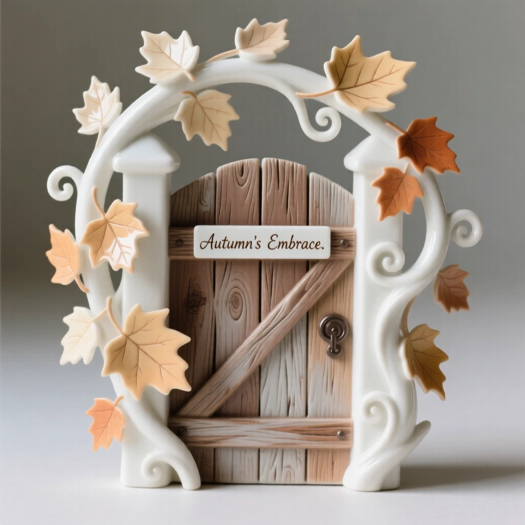 A cozy autumn moment: leaves swirling around a rustic wooden gate, framed by the colors of the season.
