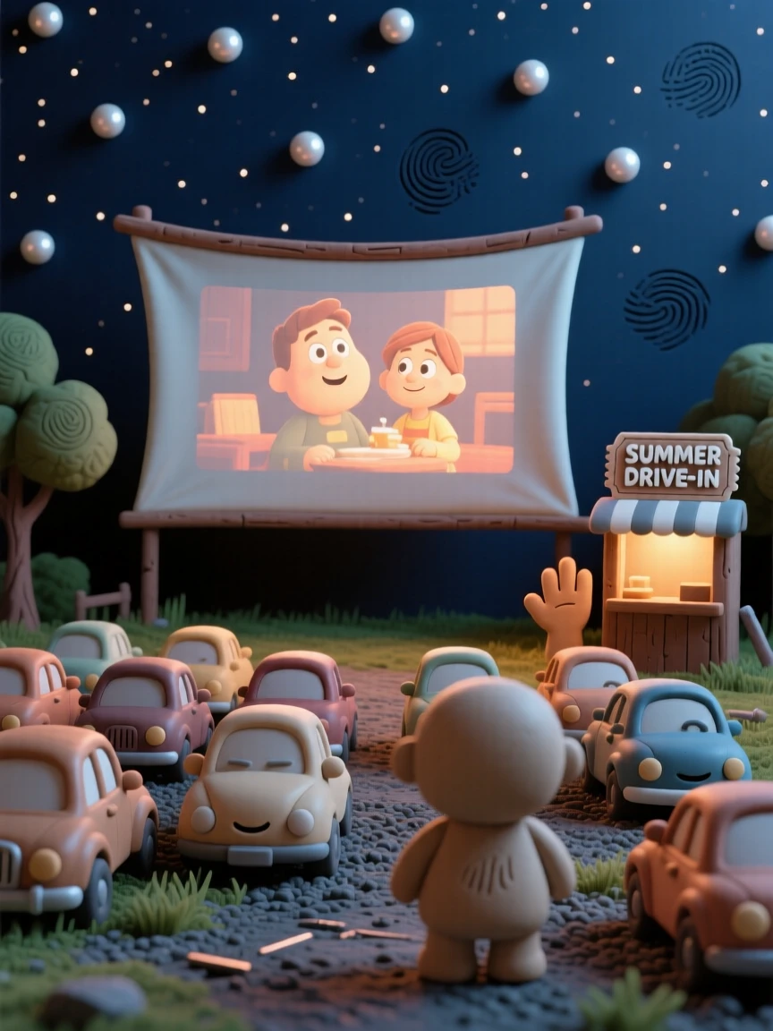 A summer drive-in movie theater glowing beneath a starry sky