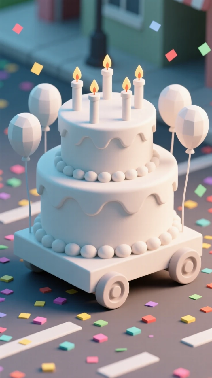 A festive parade float shaped like a giant birthday cake rolls slowly down a confetti-covered street.