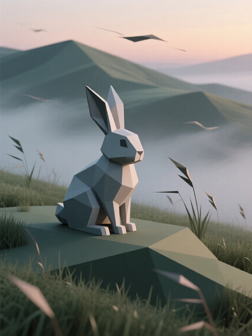 A rabbit sitting quietly in a misty meadow, on a windswept ridge at dusk. soft natural light highlights every texture. A gentle, peaceful stillness fills the air.