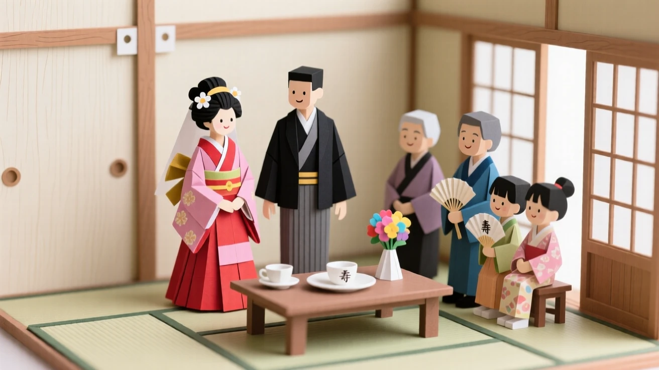 A joyous traditional wedding ceremony held in a serene tatami room, with generations gathered together in celebration, evoking deep cultural heritage and pride.