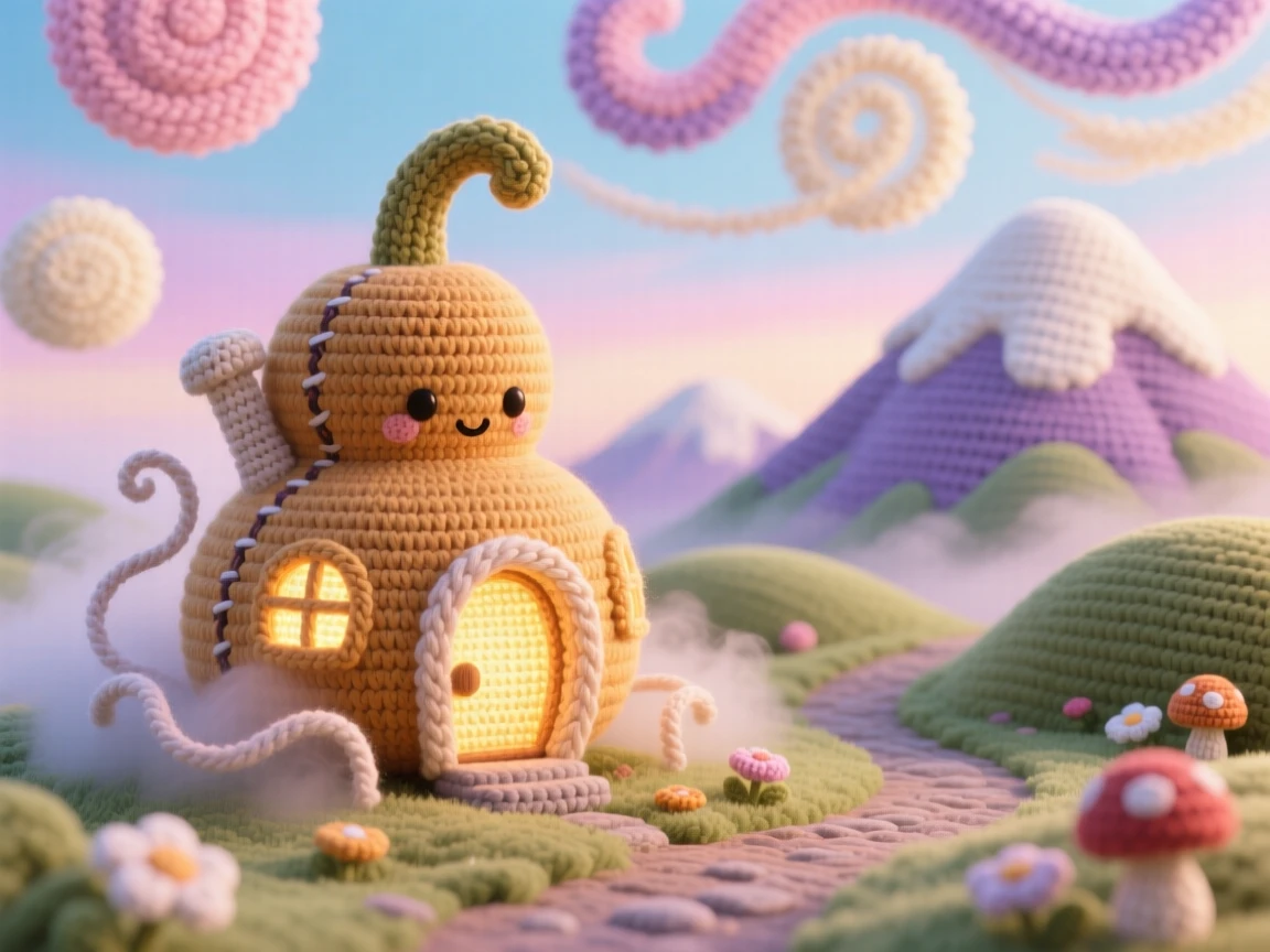 a tiny inn built inside a giant gourd, with a warm glowing doorway, is shown nestled along a quiet mountain path, beneath a swirling pastel sky, surrounded by a small ribbon of drifting mist, radiating cozy, whimsical enchantment.