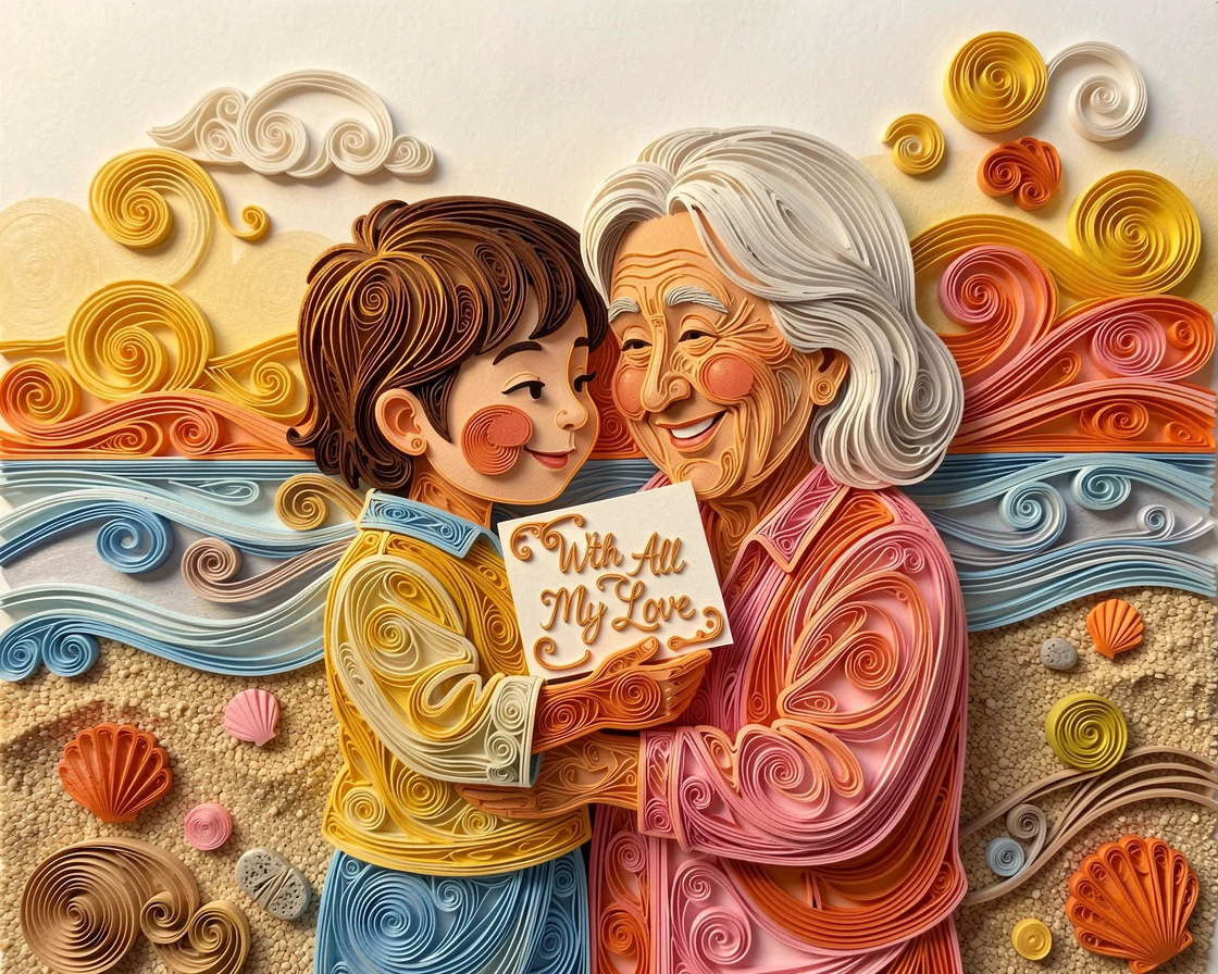 A heartwarming moment of a child giving a handmade card to a delighted grandparent on a quiet beach at golden hour, with a comforting, homely atmosphere throughout, composed with the subjects gently embracing at the center.