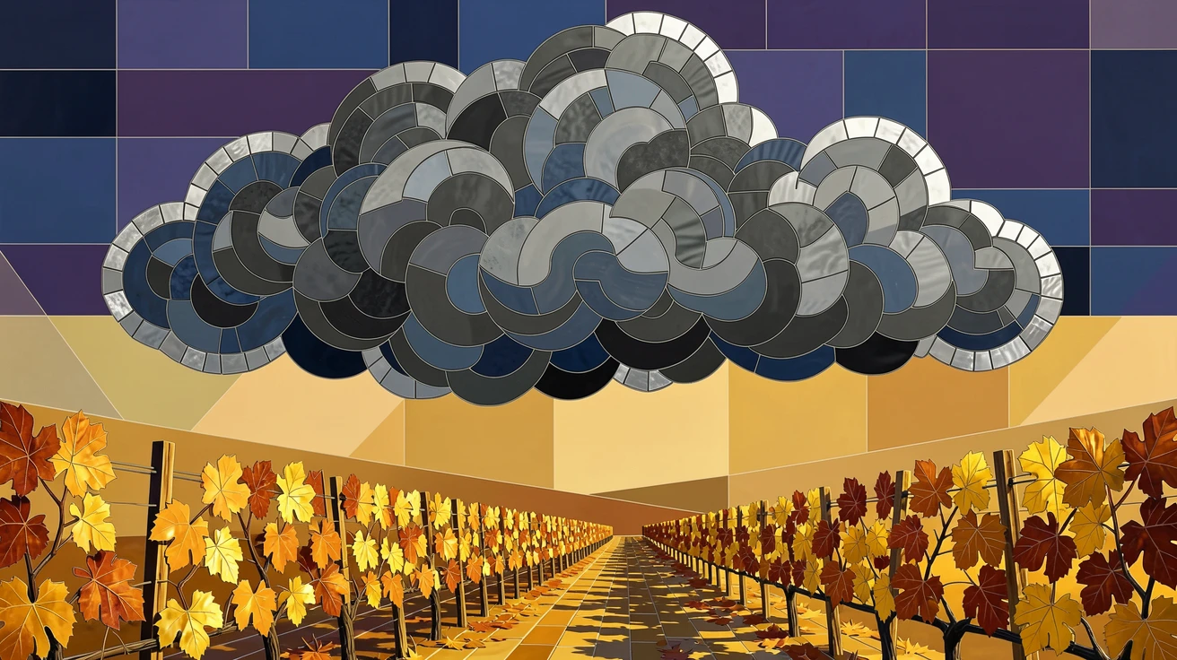A dramatic storm cloud towering above a golden autumn vineyard.