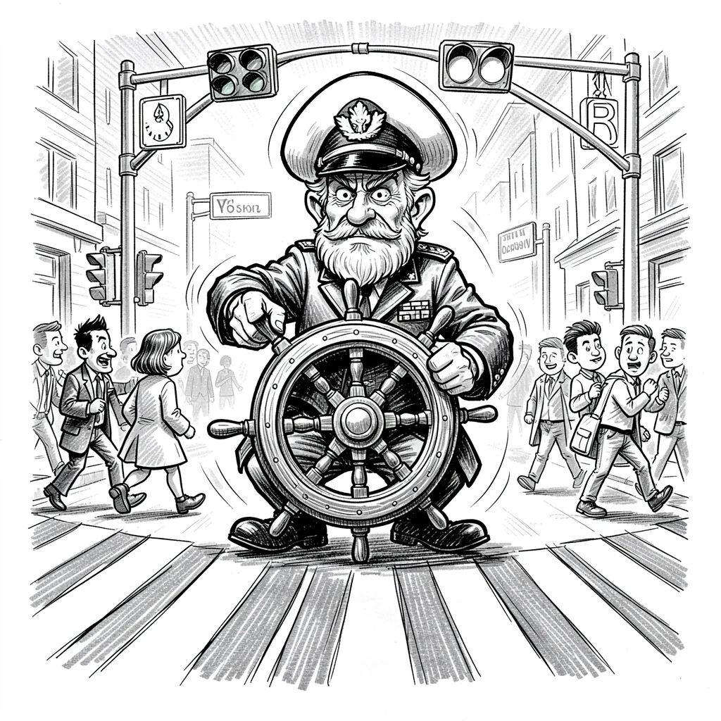A ship captain steering through calm waters at a busy street crossing.
