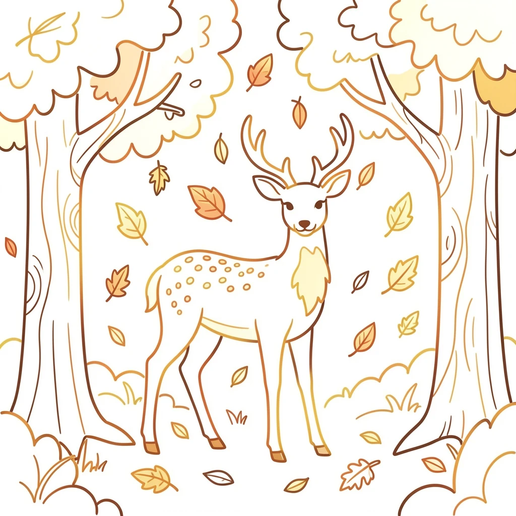 An autumn forest scene with a deer standing among falling golden leaves.
