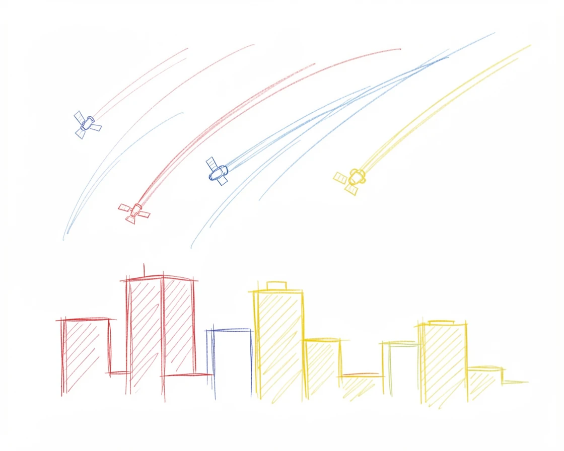 A quiet night sky filled with satellites tracing faint lines above a city