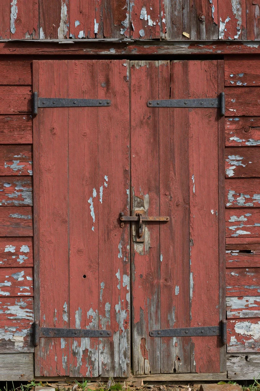 A weathered barn door with peeling red paint