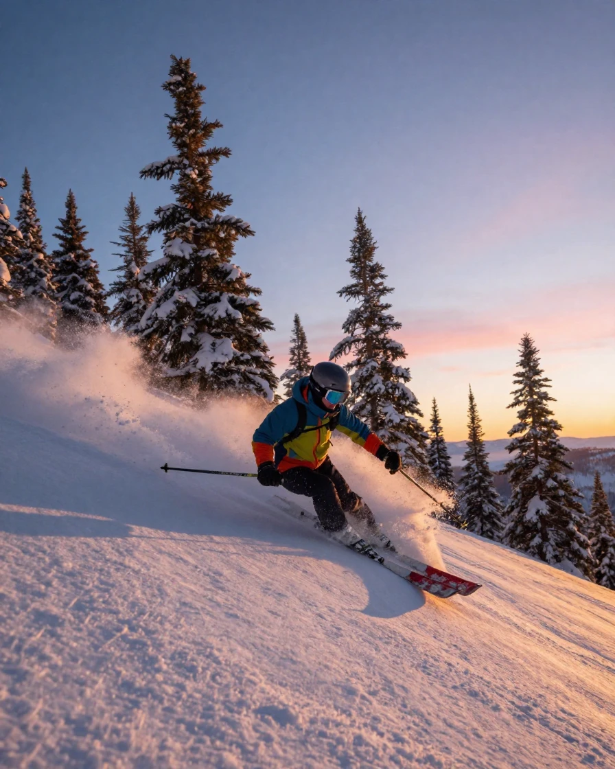 A skier carves fresh tracks down an untouched powder slope at sunrise.