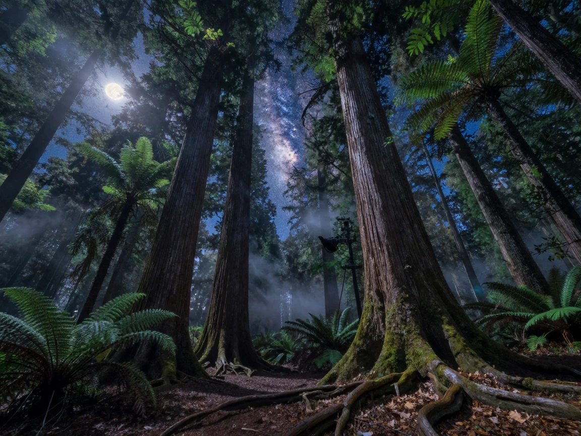 A sprawling ancient forest shimmering beneath a canopy of stars