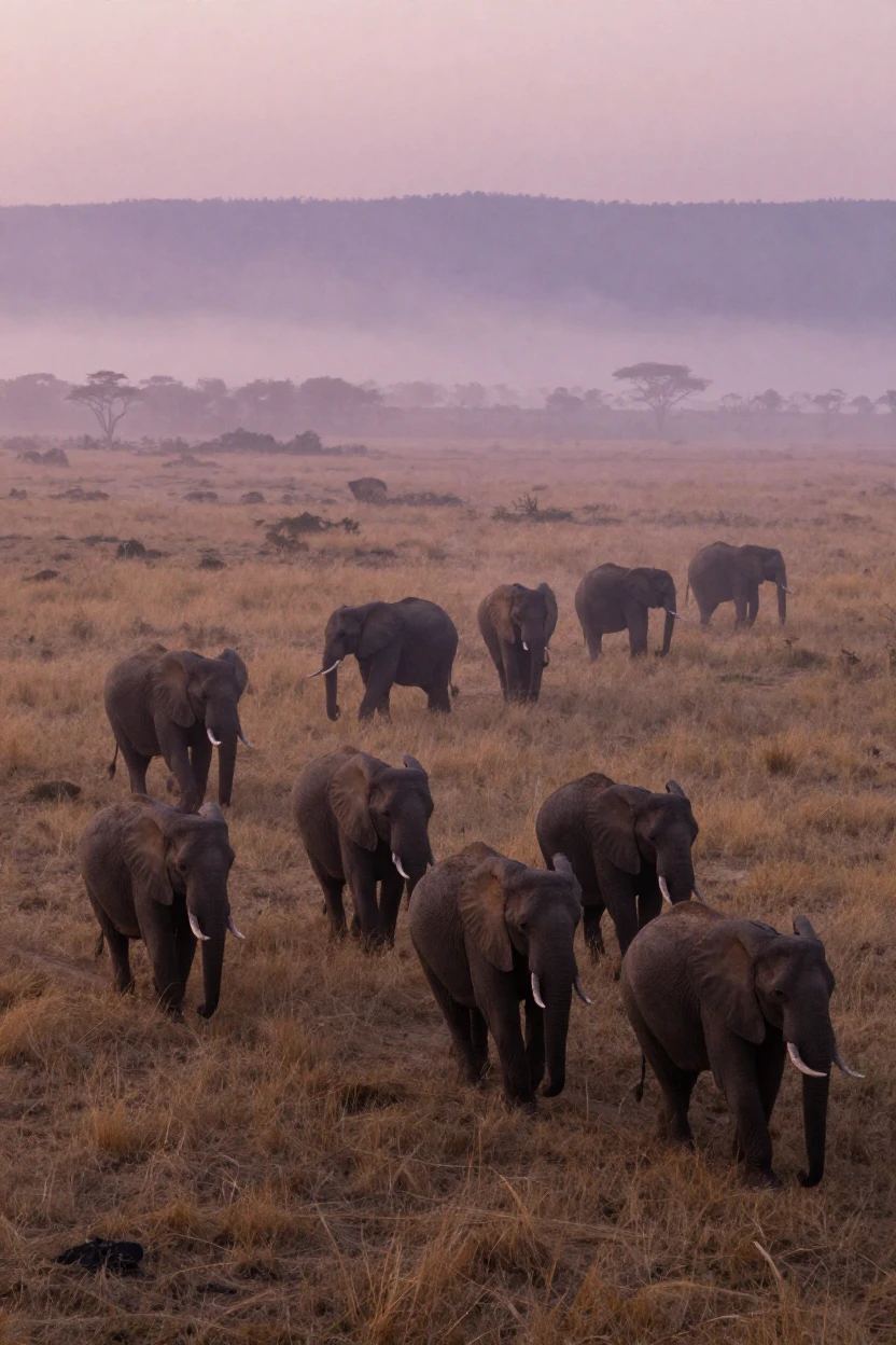 A herd of elephants crossing a golden savanna at dusk, in warm morning light, in thick rolling fog, in the depths of winter, in dusty lavender and rose tones, shot from directly overhead.