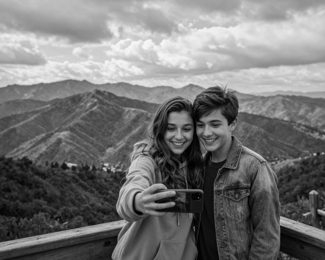 Two teenage best friends take a selfie against a scenic backdrop on a scenic mountain overlook.