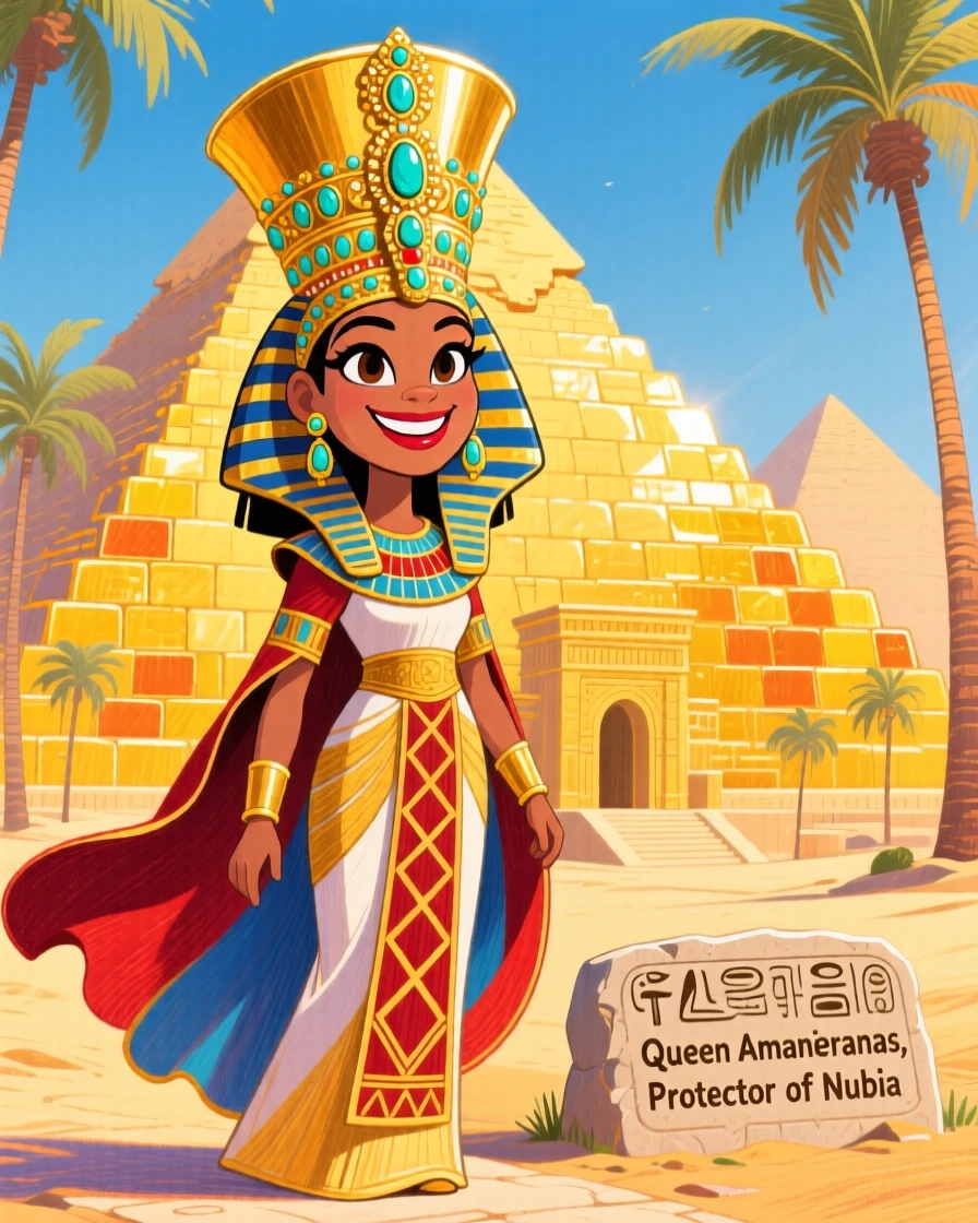 An ancient Nubian queen standing proudly before her golden pyramid palace.
