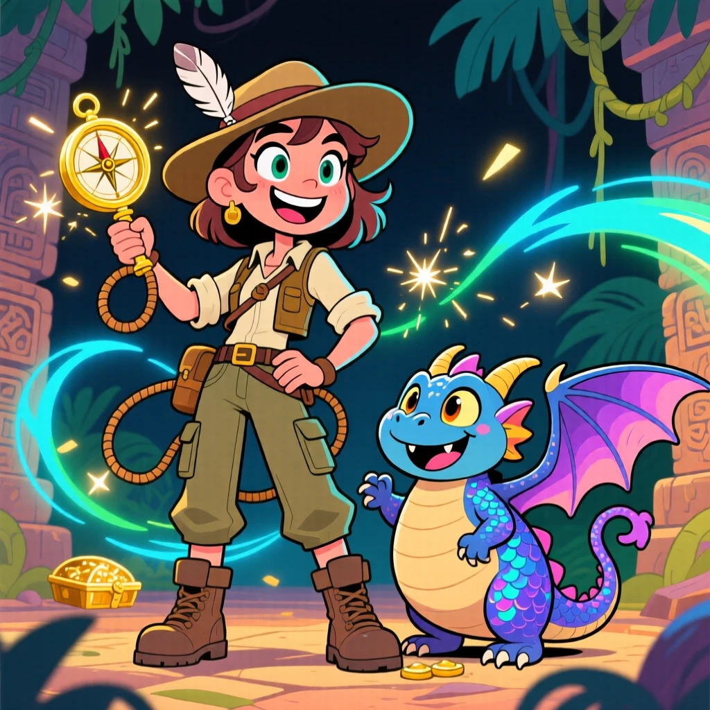 An imaginative fantasy scene of a fearless treasure hunter befriending an unlikely magical creature, as sparks of magic swirl through the air.