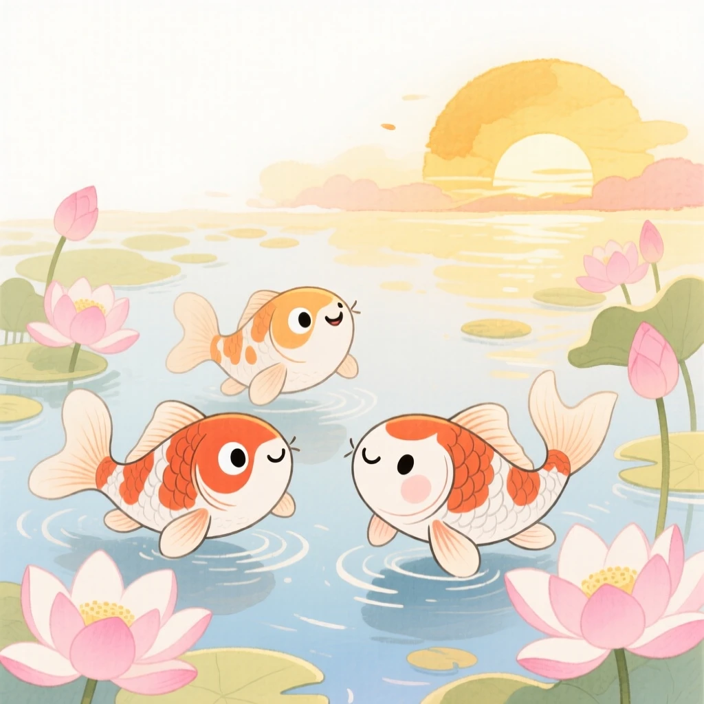 A serene landscape of a peaceful koi pond surrounded by blooming lotus flowers at golden sunset