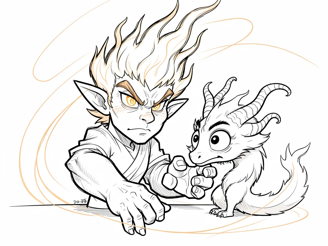 [Fantasy & Imaginative Scenarios] Imaginative fantasy scene of an ancient fire elemental taming a wild mythical creature, brimming with wonder