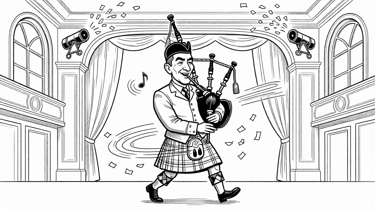 A bagpiper marching proudly despite a slightly off note, windmilling an arm across an invisible guitar, set in an elegant recital hall. Confetti cannons fire in perfect sync with the beat. There's an infectious, larger-than-life energy to the moment.