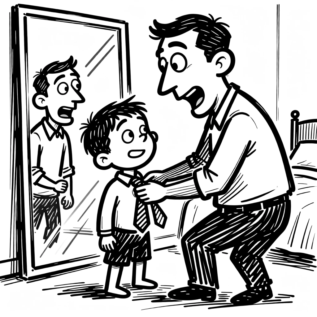 A father teaching his young son to tie a necktie in front of a bedroom mirror.