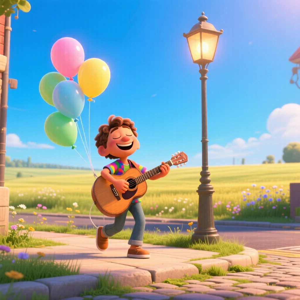 A musician playing joyfully on a street corner unfolds in a wide open field under a bright blue sky, with balloons floating gently upward. Pure joy and warmth radiate from the scene.