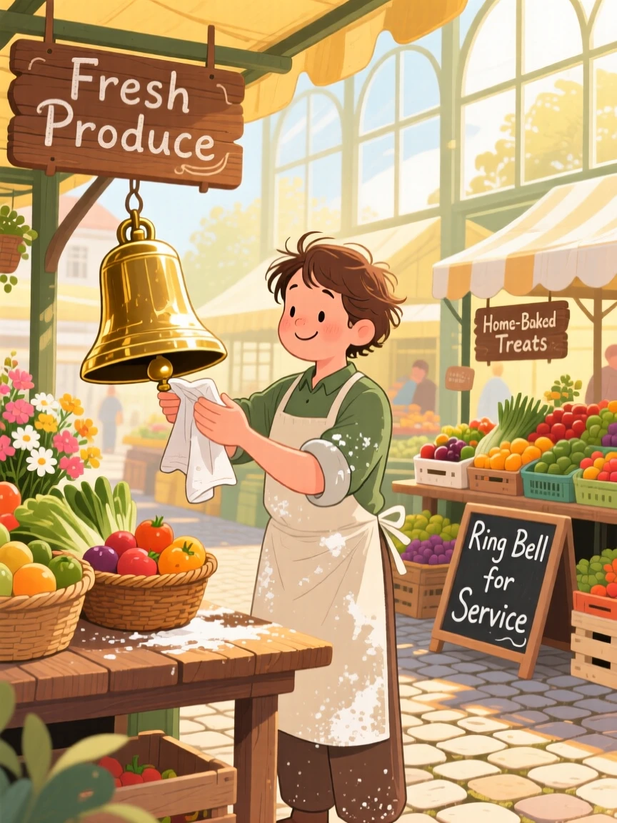 A baker dusted in flour spends the morning polishing an old brass bell in a sunny farmers market, with warm light spilling from every window.