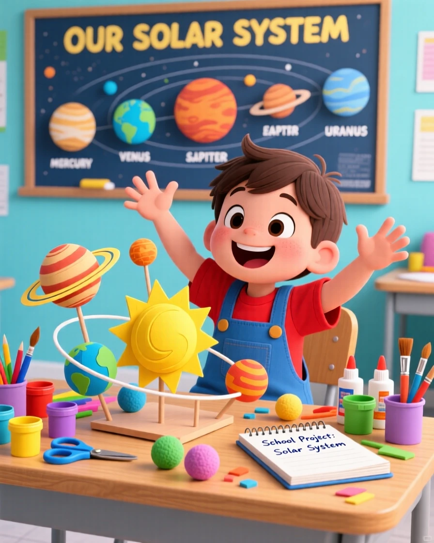 A child building a model solar system for a school project.