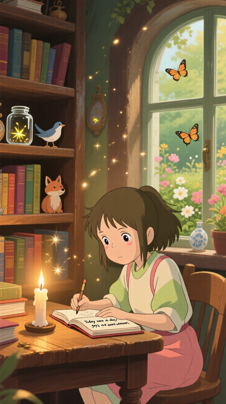 A girl writing in her diary by candlelight, shelves lined with books and small trinkets, the whole scene feeling quietly content.