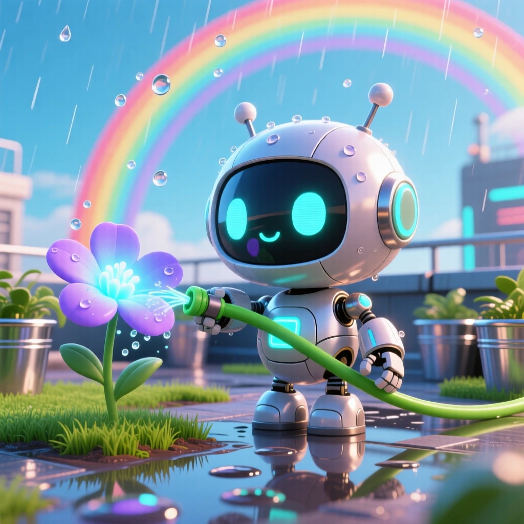 Extreme close-up of a small round robot, watering a glowing flower with a tiny hose, in a futuristic rooftop garden, under a rainbow after the rain, illuminated by shimmering reflected light off water, radiating proud determination.