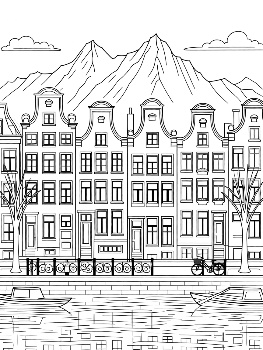 A colorful row of houses along an Amsterdam canal, with mountains rising dramatically in the background.