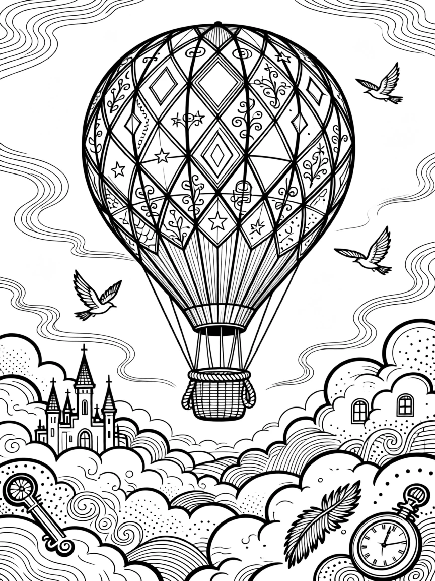 A hot air balloon rising above clouds shaped like distant dreams.