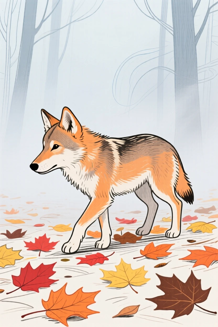 A young wolf exploring among autumn leaves as fog rolls in.