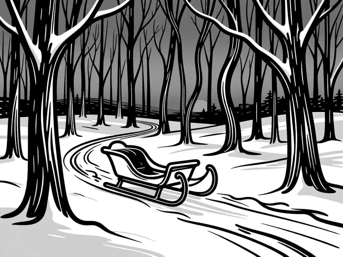 A winter sleigh ride through a snow-covered forest at dusk.