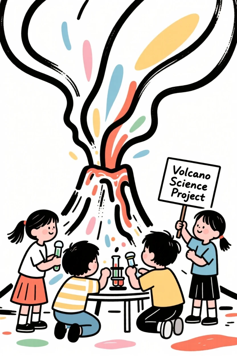 A group of children experimenting with a volcano science project.